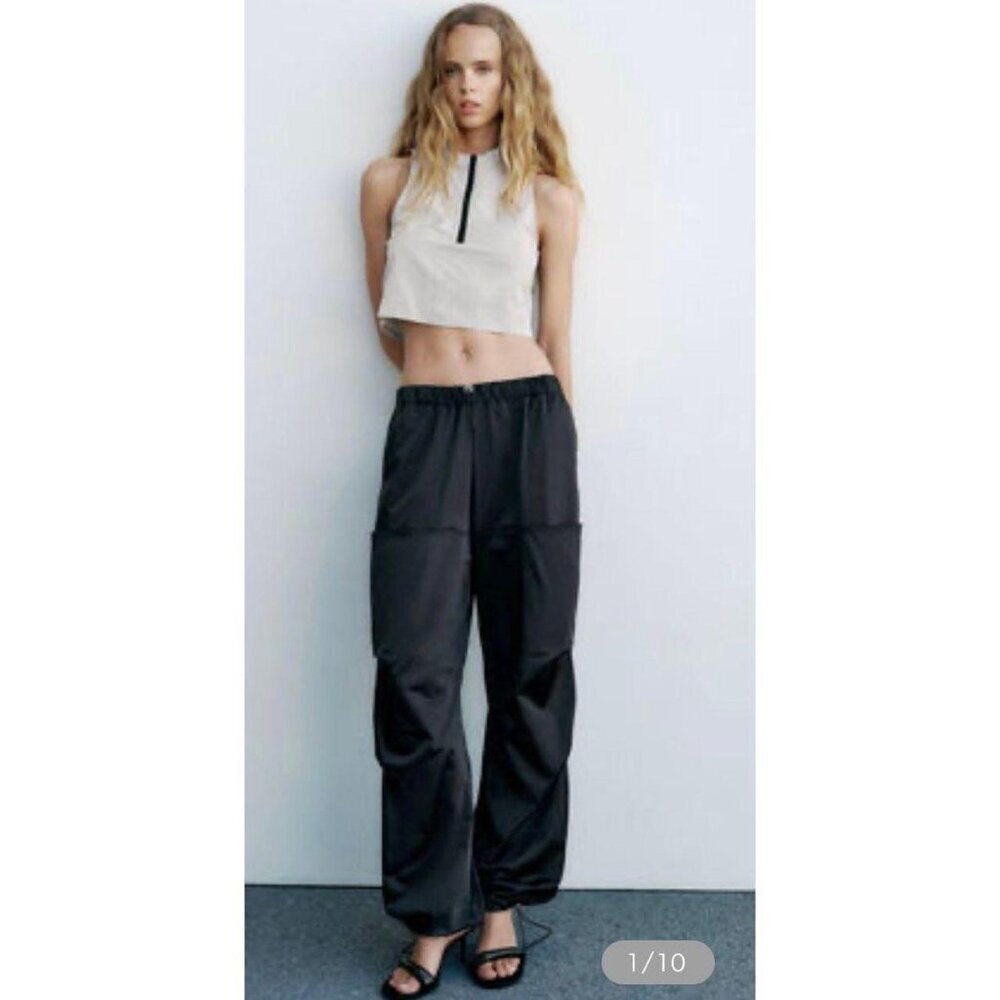 ZARA Women's XL Black Satin Effect Drawstring‎ Parachute Cargo Pants